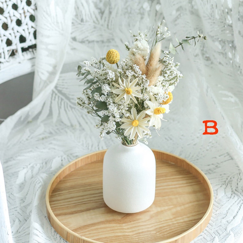 ramo seco con jarrón de cerámica, ramo de flores secas, arreglo de flores secas, adorno de escritorio, decoración del hogar, decoración de la boda B