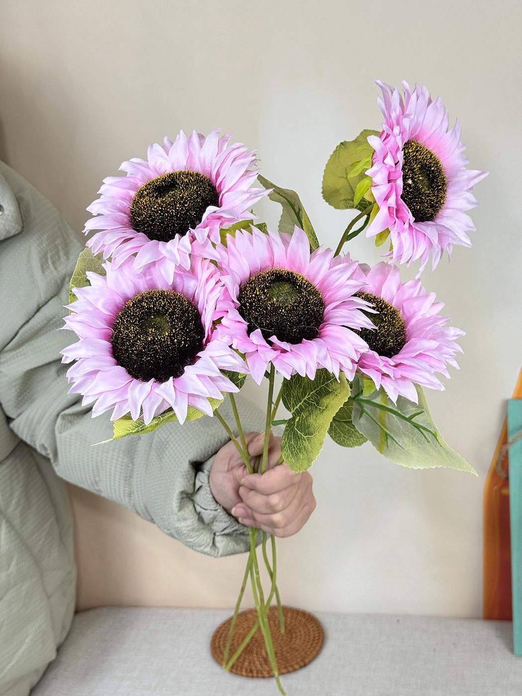 ロマンチックなピンクの造花ひまわり、茎付きの造花ひまわり、花瓶の