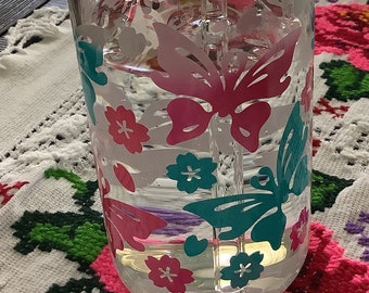 Butterfly Glass Cup with Straw & Lid: Color Changing Kawaii Can