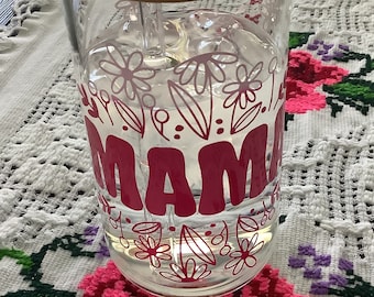Color Changing Mama Glass Can Cup: Kawaii Flower Design, Bamboo Lid & Glass Straw