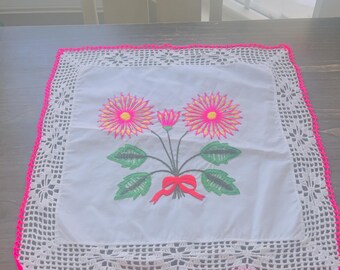 Handmade Mexican Tortilla Warmer: Embroidered Pink Flowers, Crochet Lace
