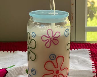 Lata de vidrio Libby que cambia de color: Flores y burbujas, vaso para bebidas frías