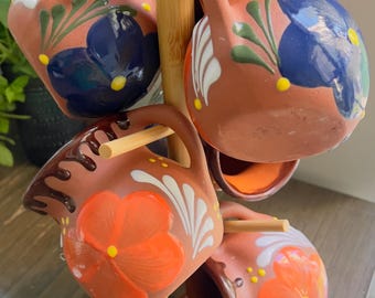 Handmade Clay Coffee Mug Set: flowers design Mexican Terracotta Mugs (Set of Six)