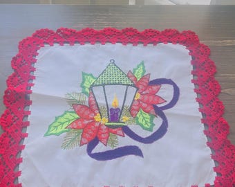 Handmade Embroidered Christmas Napkin with Red Crochet Border