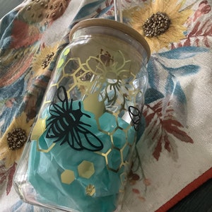 Personalized Sunflower Honey Bee Glass Can with Lid & Straw