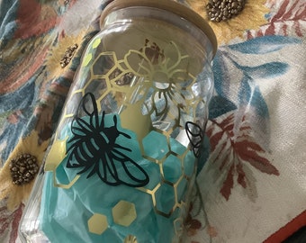 Personalized Sunflower Honey Bee Glass Can with Lid & Straw