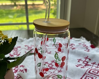 Cherry Themed Drink Cup, Cherry Glass Tumbler, Bamboo Top Glass Libby Cup, Cherries on Cup, Love Cherries