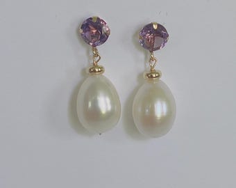 14k Gold Freshwater Pearl and amethyst Drop Earrings, Elegant Pearl Jewelry