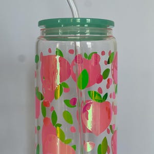Peach Vinyl Design Glass Can with Lid & Straw