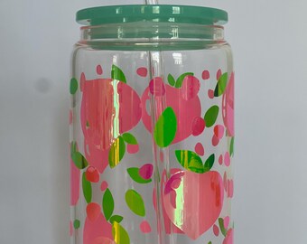 Peach Vinyl Design Glass Can with Lid & Straw