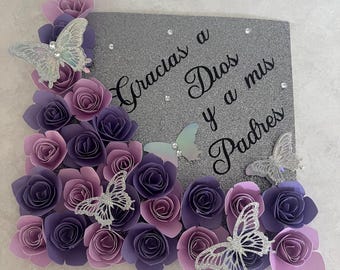 Floral Graduation Cap Topper: Custom Design, Glitter Paper Flowers