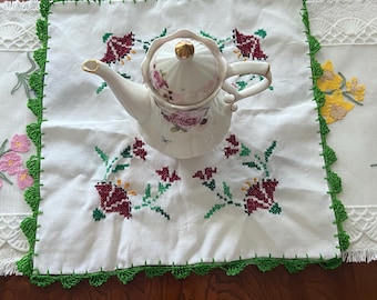 Handmade Mexican Napkin: Embroidered Floral Cross Stitch, Tortilla Warmer