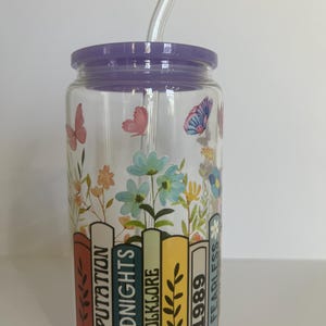 Glass tumbler flowers and book spines- pop culture -cup music cup
