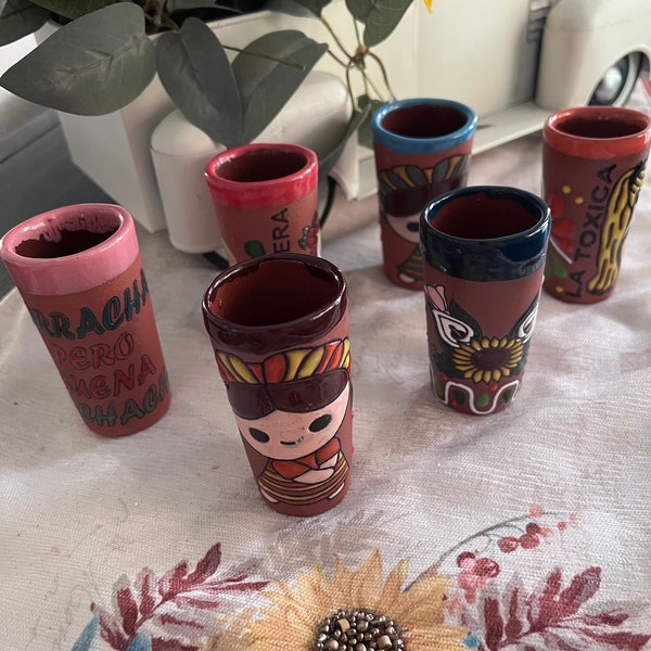 Handmade Mexican Shot Glass | Tequila Shot Glass I Colored Terracotta I Clay shot Glass I Loteria theme shot glass I