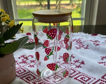 Strawberry Glass Can with Bamboo Lid & Glass Straw