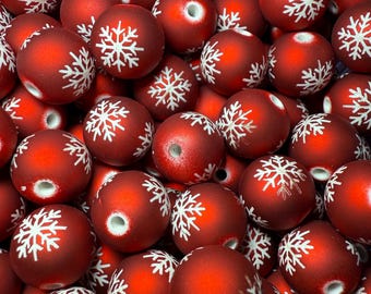 Cuentas navideñas de copo de nieve de satén rojo de 15 mm