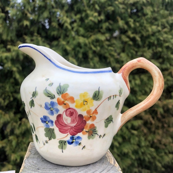 Vintage Floral Mid Century French Porcelain, Ceramic Floral Pitcher, Longchamp brand, Made in France, Flower pattern on both sides