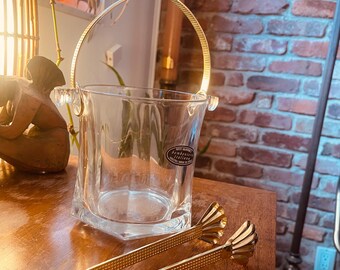 Wiaderko do lodu ze szkła kryształowego z połowy XX wieku Arte Murano + metalowe szczypce do baru