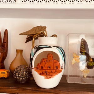 Beautiful Acoma Pueblo Native American Pottery Vase Pot, Vessel Signed Koyote Acoma NM, Scenic church scene, Cut Out 3d design