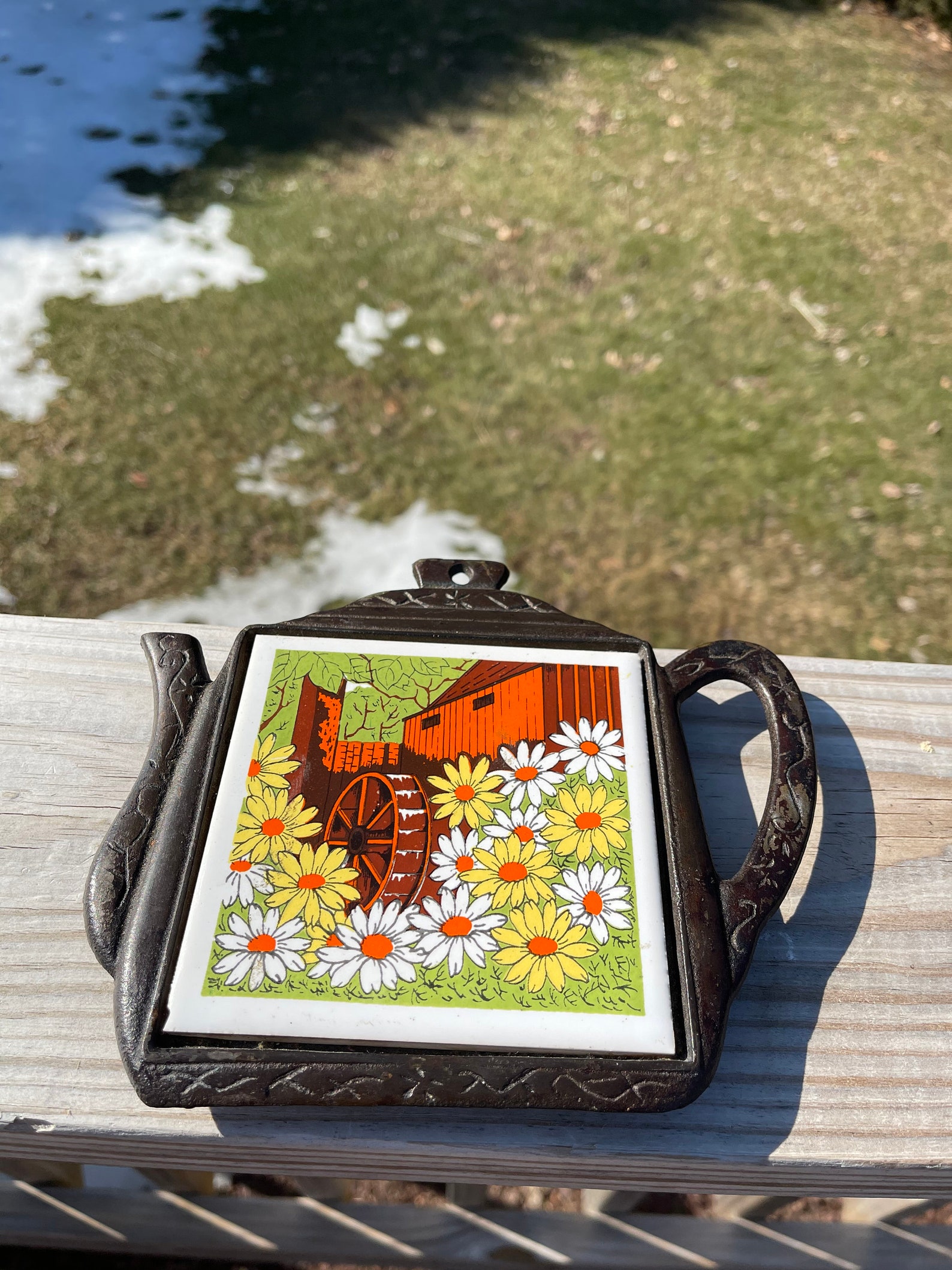 1960s70s Metal Teapot Shaped Trivet with Ceramic Tile Daisy Etsy