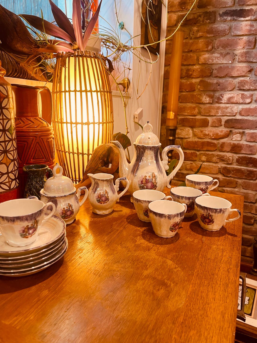 Full Retro Tea Set 1950s Vintage 15 Piece Courting Couple Lusterware Colonial Themed Tea ...