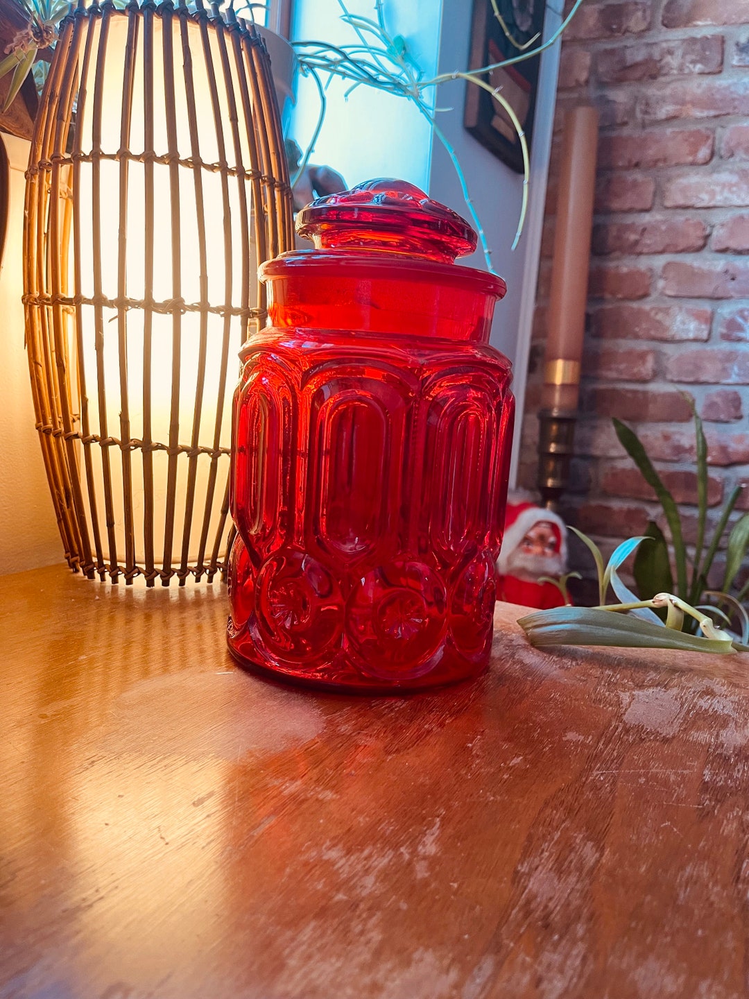 Vintage Large LE Smith Moon and Stars Redcglass Apothecary Jar Canister