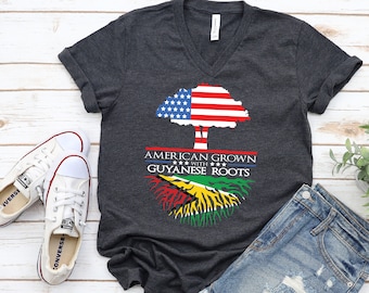 Guyanese Roots TShirt / American Grown Tee Shirt / US Flag Guyana Caribbean African Pride Unisex Short Sleeve V-Neck T-Shirt