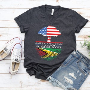 Guyanese Roots TShirt / American Grown Tee Shirt / US Flag Guyana Caribbean African Pride Unisex Short Sleeve V-Neck T-Shirt