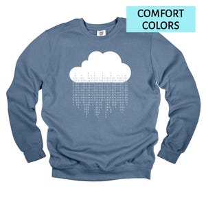 Op de afbeelding: Een blauwe sweatshirt met een witte wolkengrafiek die binaire code laat regenen. De tekst "COMFORT COLORS" staat in een lichtblauwe rechthoek. De sweatshirt heeft een effen blauwe kleur.