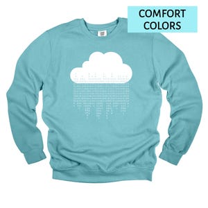 Op de afbeelding: Een lichtblauw sweatshirt met een witte wolkengrafiek en binaire code regen. De tekst "COMFORT COLORS" staat in een lichtblauwe rechthoek rechtsboven. De sweatshirt heeft lange mouwen en een ronde hals.