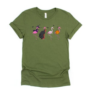 May include: A green t-shirt with a graphic of five pink flamingos dressed in Halloween costumes. The flamingos are wearing a witch hat, a vampire cape, a mummy costume, a skeleton costume, and a pumpkin head.