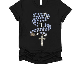 Catholic Tshirt, Blue Rosary Tee, Prayer Beads, Faith Over Fear, Holy Mary Religious Unisex T-Shirt XS-4XL