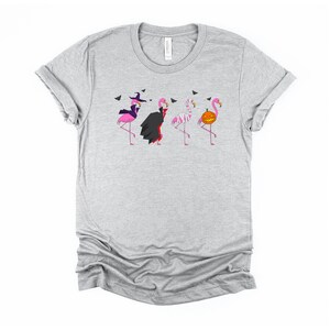 May include: A gray t-shirt with a graphic of four pink flamingos dressed in Halloween costumes. The flamingos are dressed as a witch, a vampire, a mummy, and a pumpkin.