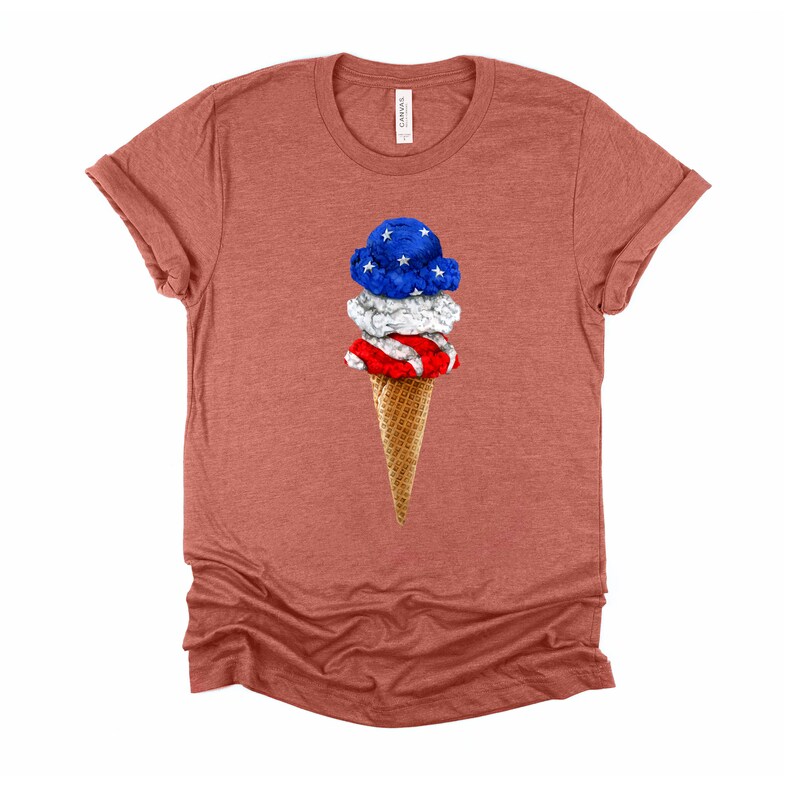 May include: A red, white, and blue ice cream cone with three scoops of ice cream. The top scoop is blue with white stars, the middle scoop is white, and the bottom scoop is red with white stripes. The cone is a waffle cone.