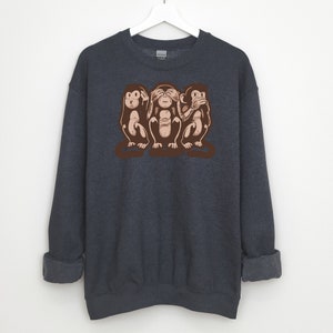 May include: A dark blue sweatshirt with a graphic of three monkeys covering their eyes, ears, and mouth. The monkeys are brown and have a cartoonish style.