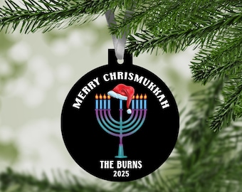 Merry Chrismukkah Personalized Ornament / Christmas Hanukkah Tree Decor / Custom Family Name Year / Menorah Candle Santa Hat / Holiday Gift
