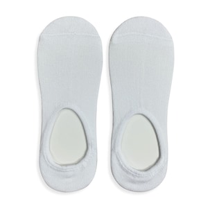 May include: A pair of white no-show socks. These socks are designed to be invisible when worn with shoes. They have a low-cut design with a cushioned sole for comfort. The socks are made of a soft, breathable material.