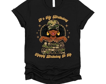 Aries Birthday Shirt | Black Woman Zodiac Queen Tee | Camo Afro Astrology Gift | March April Birthday T-Shirt XS-4X
