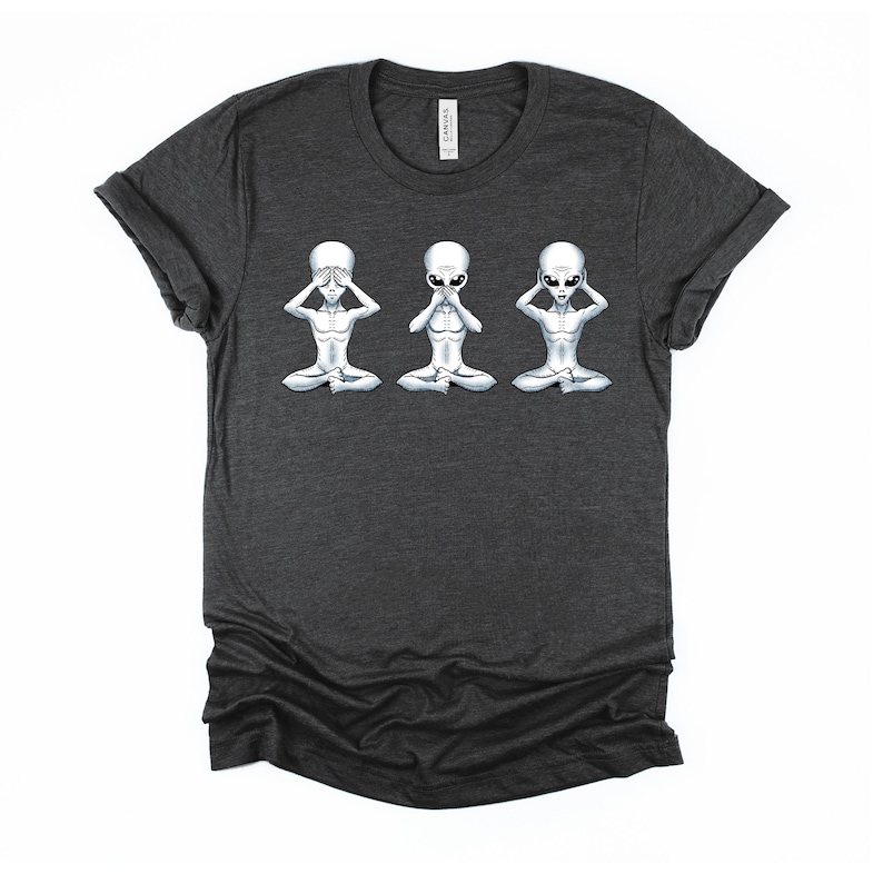 May include: Dark heather grey t-shirt featuring a graphic of three grey aliens in a row, each with one hand covering their eyes, one hand covering their mouth, and one hand covering their ears. The aliens are in a seated position with their legs crossed.