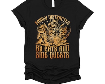 Funny Gamer Shirt | Easily Distracted By Cats Tee | Side Quest RPG Gift | Video Game Cat Lover T-Shirt XS-4X
