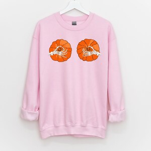 Halloween Pumpkin Boobs Sweatshirt / Skeleton Hands / Pumpkin Boobs / Pumpkin Tits Halloween Costume Unisex Long Sleeve Warm Sweatshirt Pink