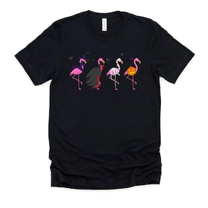 May include: A black t-shirt with a graphic of five pink flamingos dressed in Halloween costumes. The flamingos are wearing a witch hat, a vampire cape, a mummy costume, a skeleton costume, and a pumpkin costume.