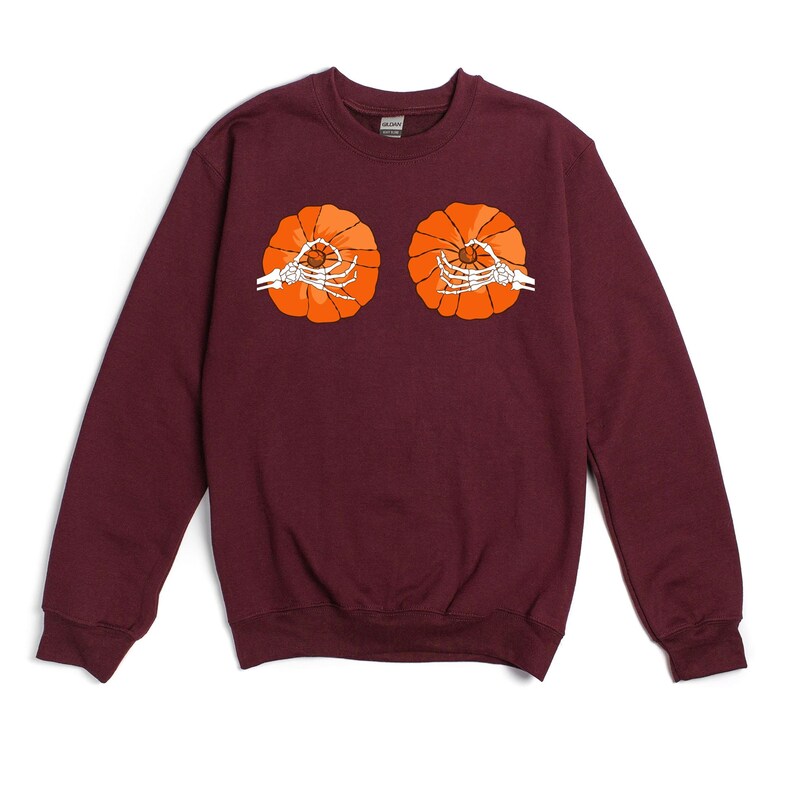 Halloween Pumpkin Boobs Sweatshirt / Skeleton Hands / Pumpkin Boobs / Pumpkin Tits Halloween Costume Unisex Long Sleeve Warm Sweatshirt Maroon