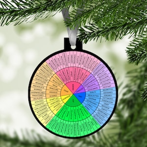 May include: A round, black Christmas ornament with a colorful wheel of emotions. The wheel is divided into sections labeled with feelings like "joy," "anger," and "sad." A silver ribbon is attached for hanging. The ornament is displayed against a blurred green background.