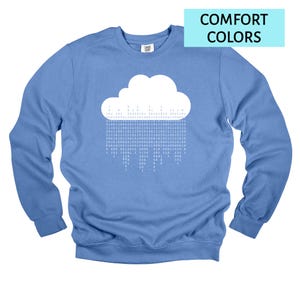 Op de afbeelding: Een lichtblauwe sweatshirt met een witte wolkengrafiek en binaire code regen. De tekst "COMFORT COLORS" staat in een lichtblauwe rechthoek rechtsboven. De sweatshirt heeft lange mouwen en een ronde hals.