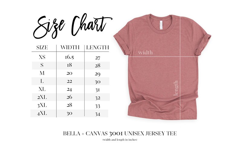 Op de afbeelding: Maattabel voor de Bella + Canvas 3001 Unisex Jersey Tee. De tabel toont de breedte en lengte in inches voor maten XS tot 4XL.
