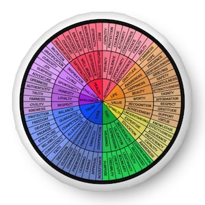 May include: A round pillow featuring a colorful wheel of emotions and needs. The design is divided into segments of red, orange, yellow, green, blue, and purple, each containing various words like health, life, value, capability, ego, and love.