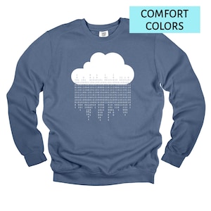 Op de afbeelding: Een blauwe sweatshirt met lange mouwen en een witte wolk met binaire code. De tekst "COMFORT COLORS" staat in een lichtblauwe rechthoek. De sweatshirt is effen blauw van kleur.
