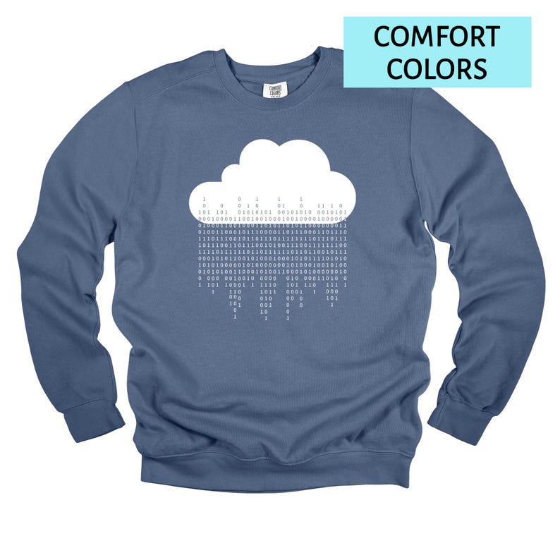 Op de afbeelding: Een blauwe sweatshirt met lange mouwen en een witte wolk met binaire code. De tekst "COMFORT COLORS" staat in een lichtblauwe rechthoek. De sweatshirt is effen blauw van kleur.
