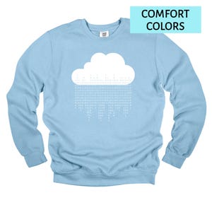 Op de afbeelding: Een lichtblauwe sweatshirt met een witte wolkengrafiek. Het wolkontwerp toont binaire code die naar beneden regent. De tekst "COMFORT COLORS" staat in een lichtblauwe rechthoek rechtsboven.